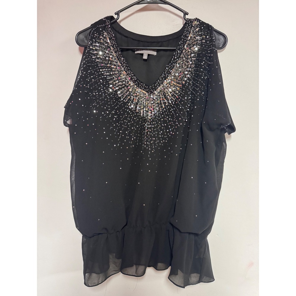 MM Couture by Miss Me Black Sequin Beaded Cold Shoulder Chiffon Blouse Large